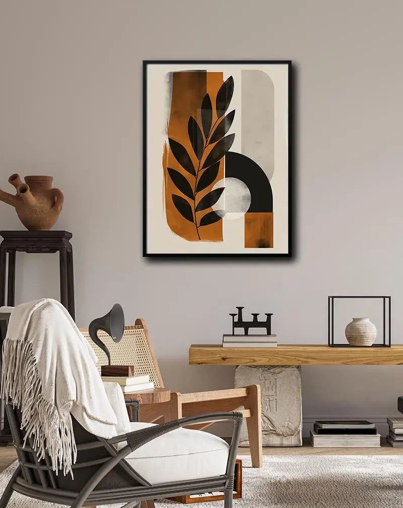 Abstract botanical design with geometric shapes in earthy tones of orange and black, featuring a stylized leaf motif