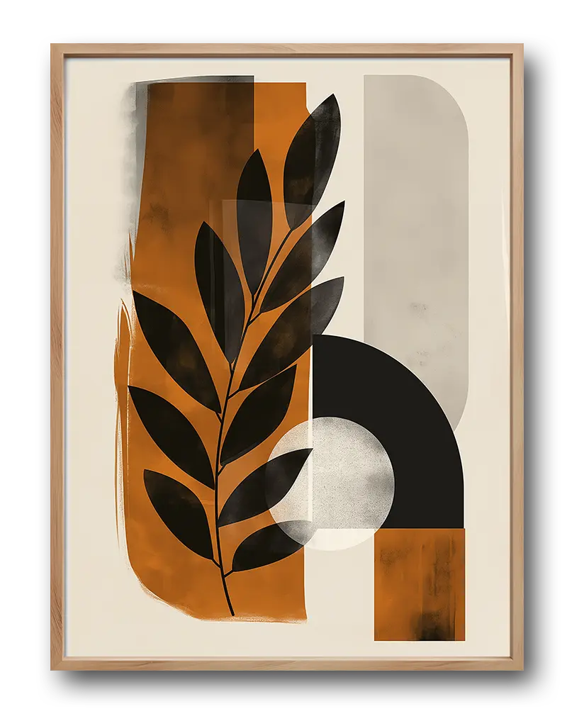 Abstract botanical design with geometric shapes in earthy tones of orange and black, featuring a stylized leaf motif