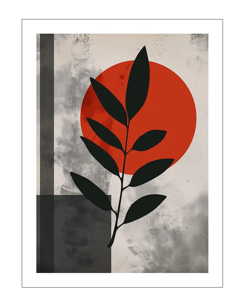 Abstract botanical artwork with a black leaf silhouette against a red circular background and textured gray tones