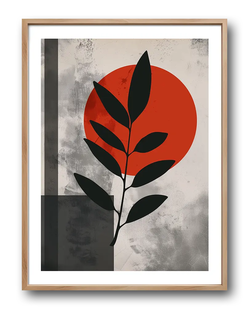 Abstract botanical artwork with a black leaf silhouette against a red circular background and textured gray tones