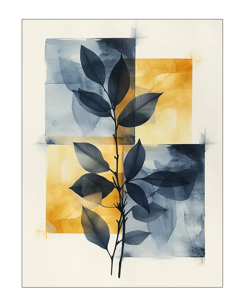 Abstract botanical artwork featuring a black leaf silhouette overlaid on blue and yellow textured blocks