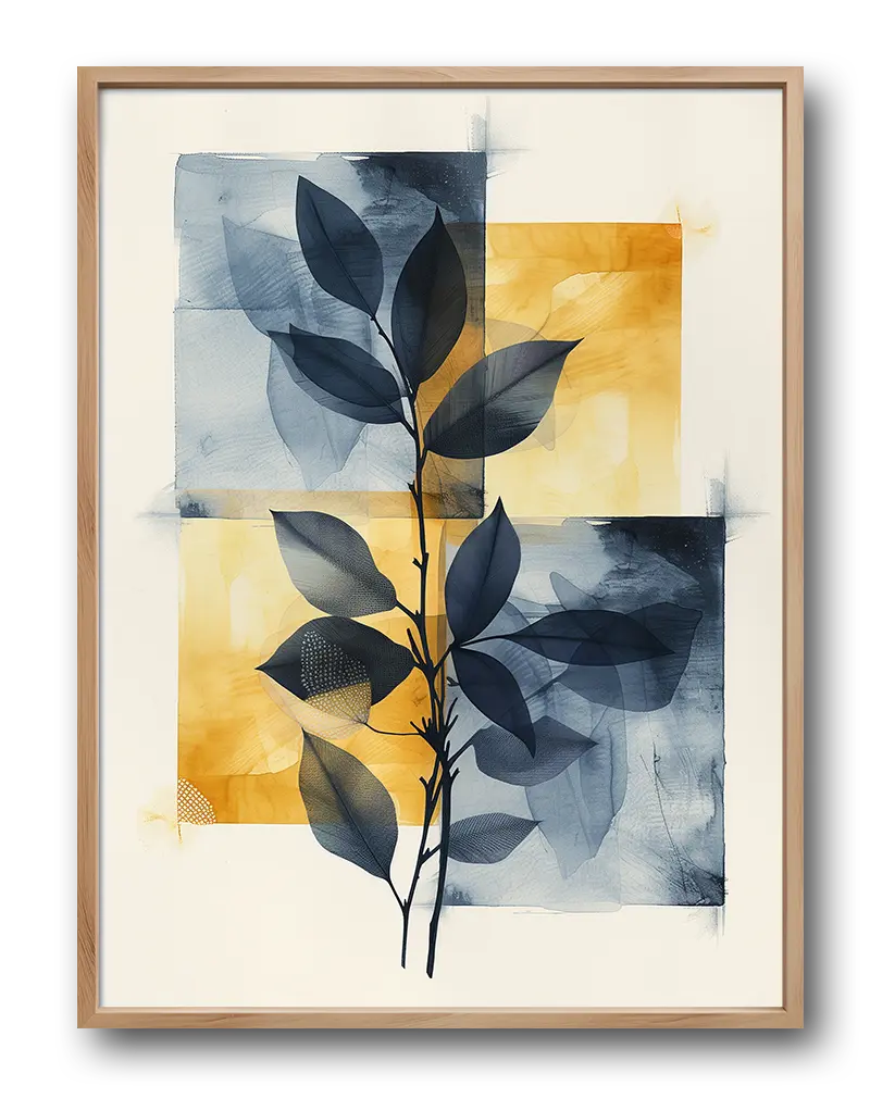 Abstract botanical artwork featuring a black leaf silhouette overlaid on blue and yellow textured blocks