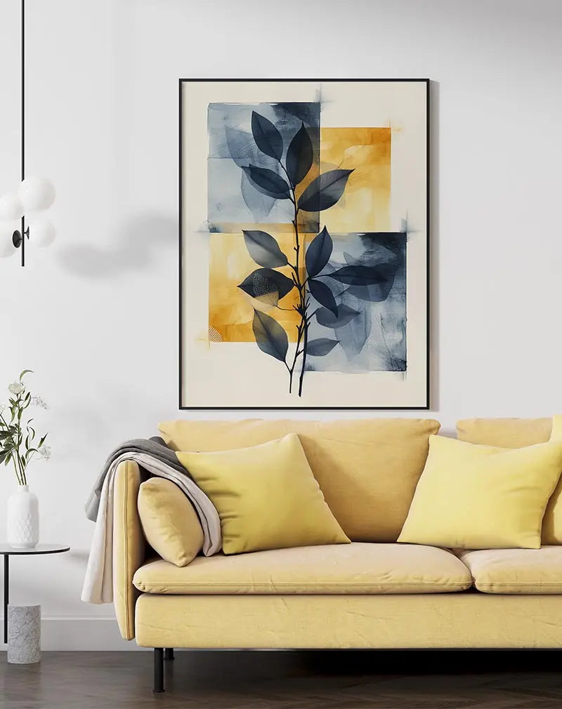 Abstract botanical artwork featuring a black leaf silhouette overlaid on blue and yellow textured blocks