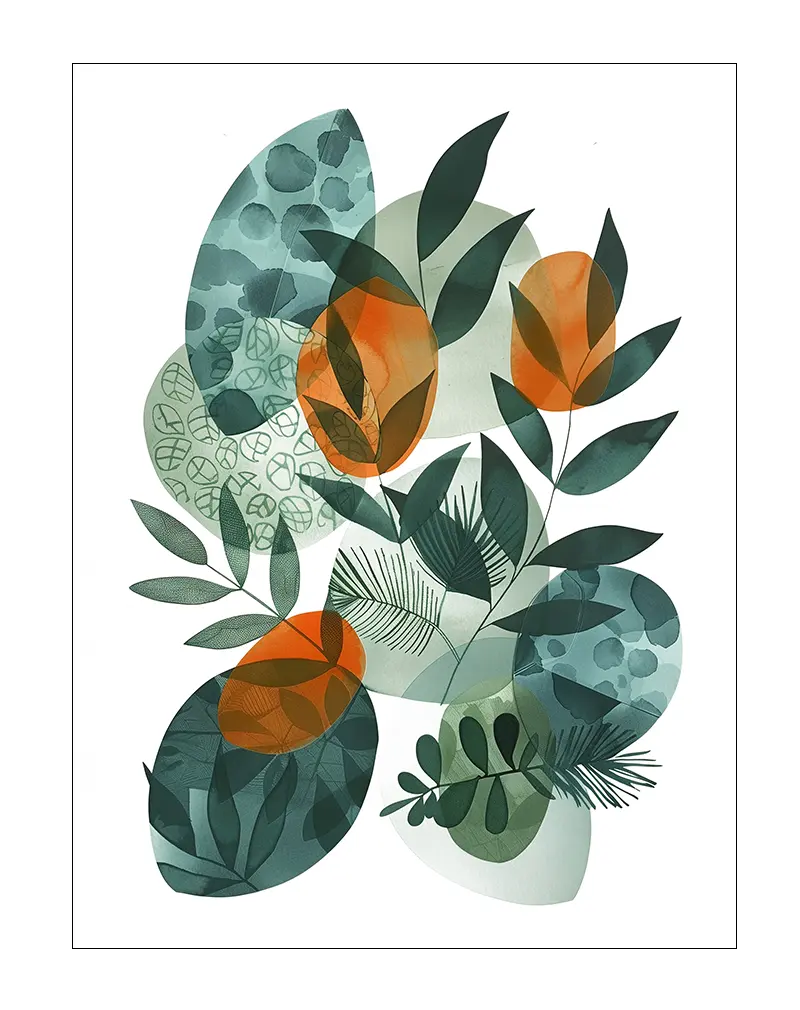 Abstract botanical design featuring overlapping green and orange leaf shapes with various textures and patterns