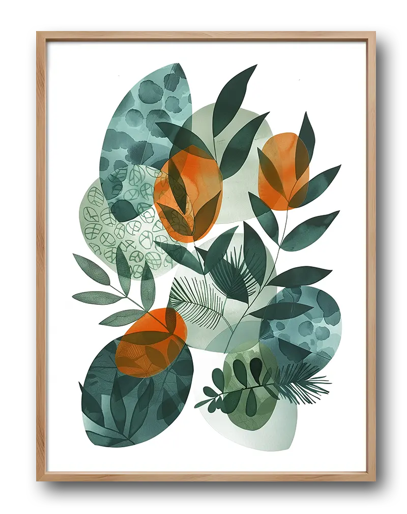 Abstract botanical design featuring overlapping green and orange leaf shapes with various textures and patterns