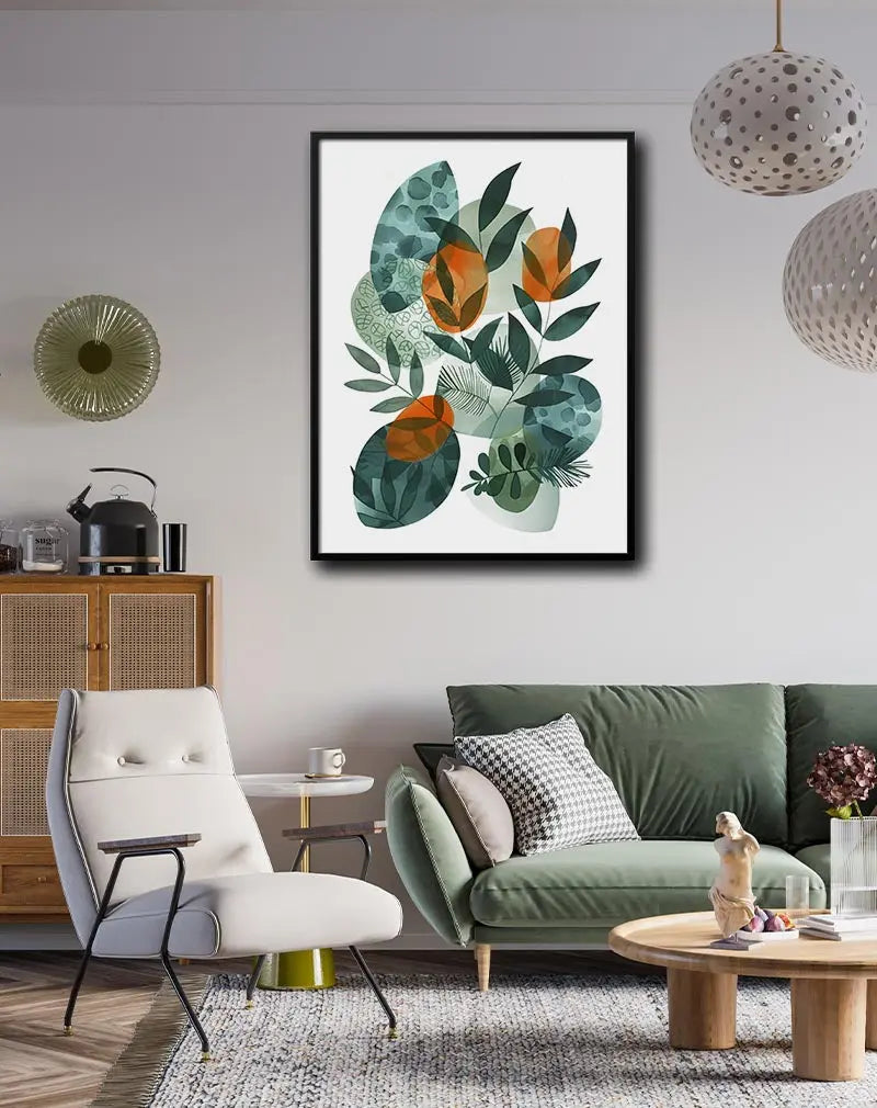 Abstract botanical design featuring overlapping green and orange leaf shapes with various textures and patterns