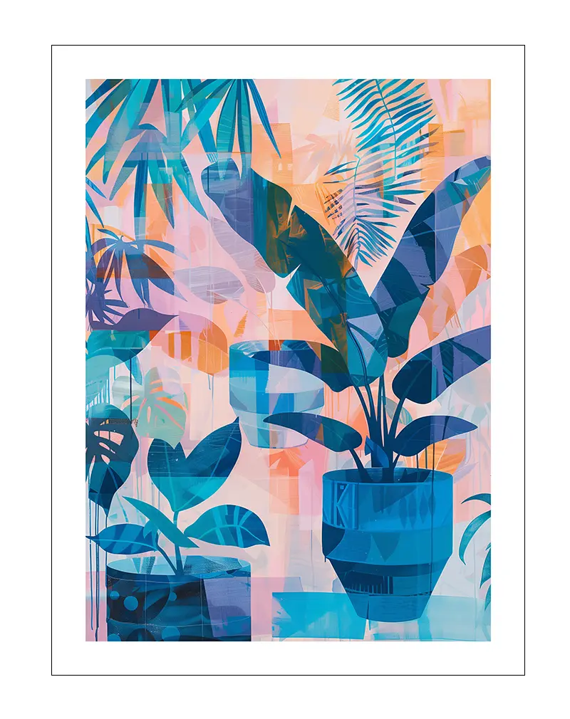 Abstract botanical wall art featuring overlapping blue and orange tropical leaves in a vibrant, modern style