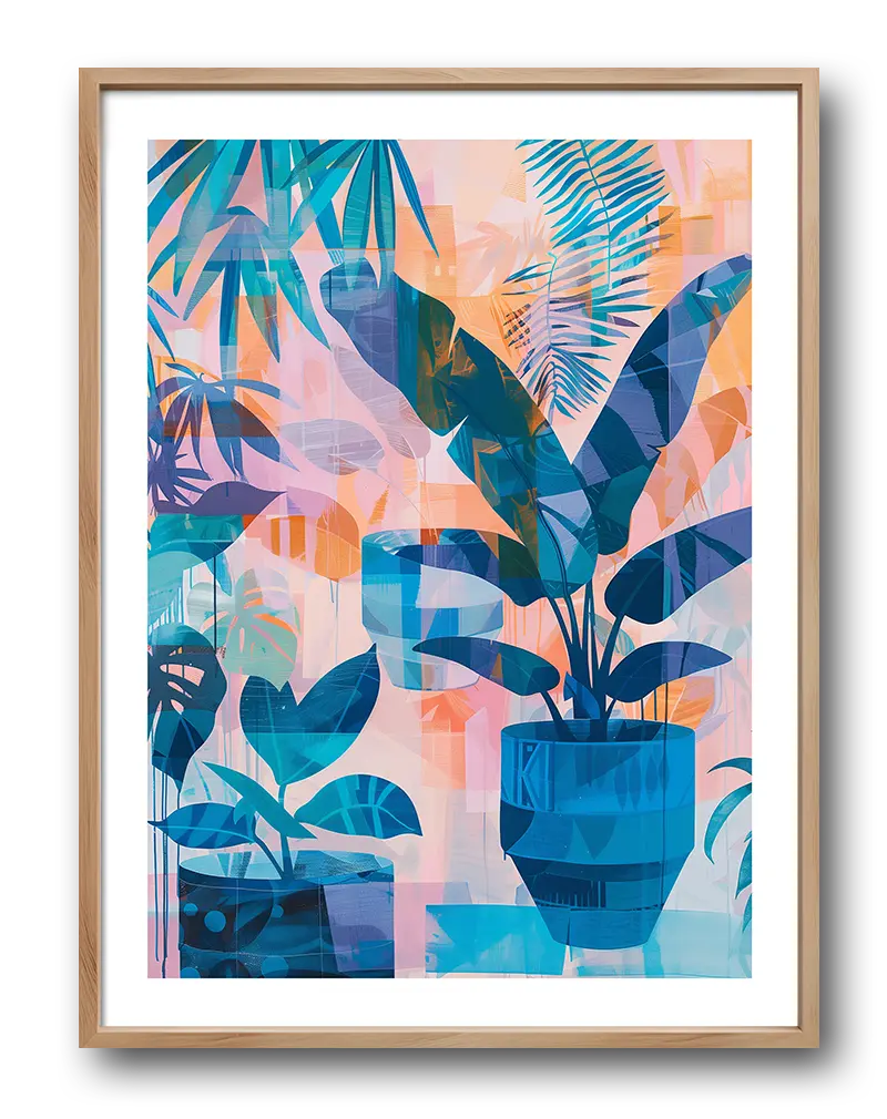 Abstract botanical wall art featuring overlapping blue and orange tropical leaves in a vibrant, modern style