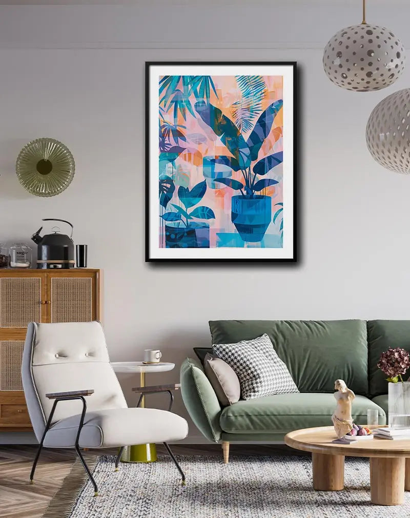 Abstract botanical wall art featuring overlapping blue and orange tropical leaves in a vibrant, modern style