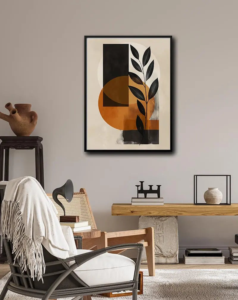 Abstract botanical artwork featuring a stylized black leaf with geometric shapes in shades of orange, beige, and blac