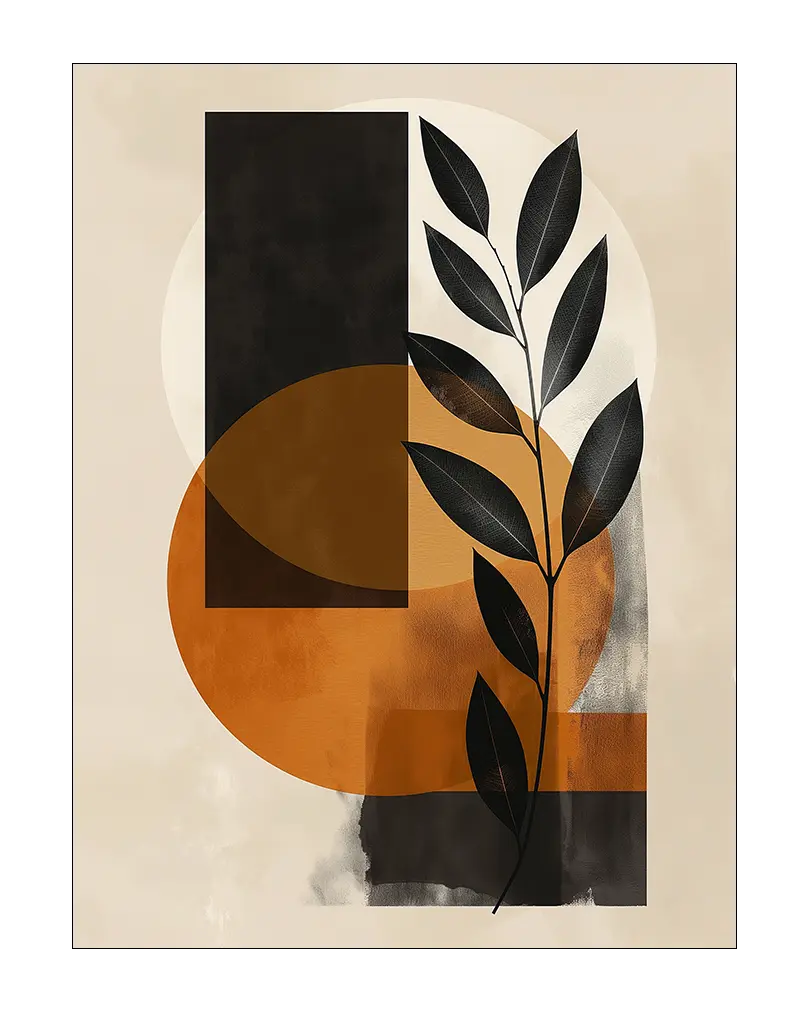 Abstract botanical artwork featuring a stylized black leaf with geometric shapes in shades of orange, beige, and blac