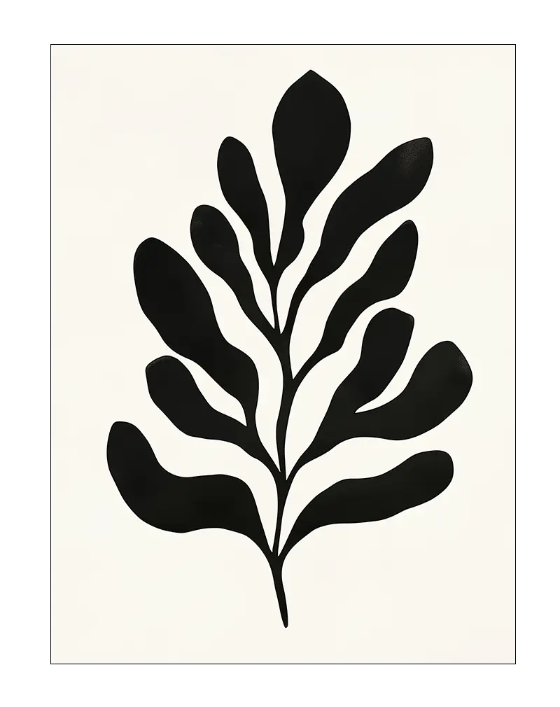 A minimalist illustration of black abstract leaves on a light background. Perfect wall art for modern interiors and lovers of simple, elegant designs