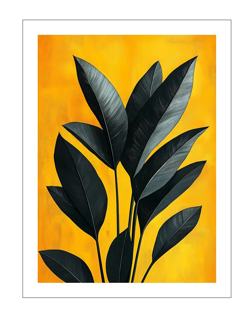 A striking botanical illustration of dark leaves set against a vibrant yellow background. The deep tones of the foliage contrast beautifully with the warm backdrop. Perfect wall art for bringing a bold natural element into modern or tropical-inspired interiors.