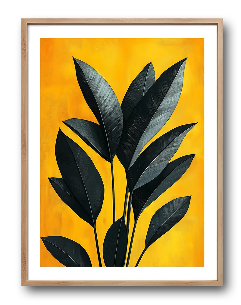 A striking botanical illustration of dark leaves set against a vibrant yellow background. The deep tones of the foliage contrast beautifully with the warm backdrop. Perfect wall art for bringing a bold natural element into modern or tropical-inspired interiors.