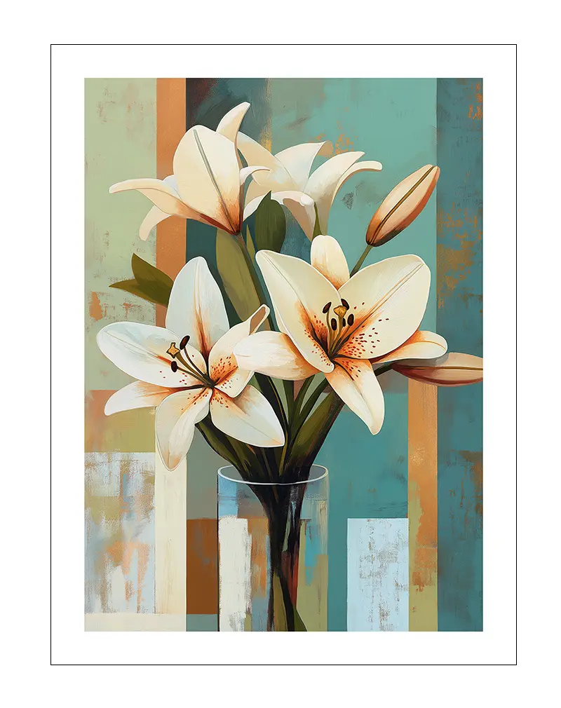 Illustration of a bouquet of white lilies in a glass vase with a textured background of teal and earthy tones