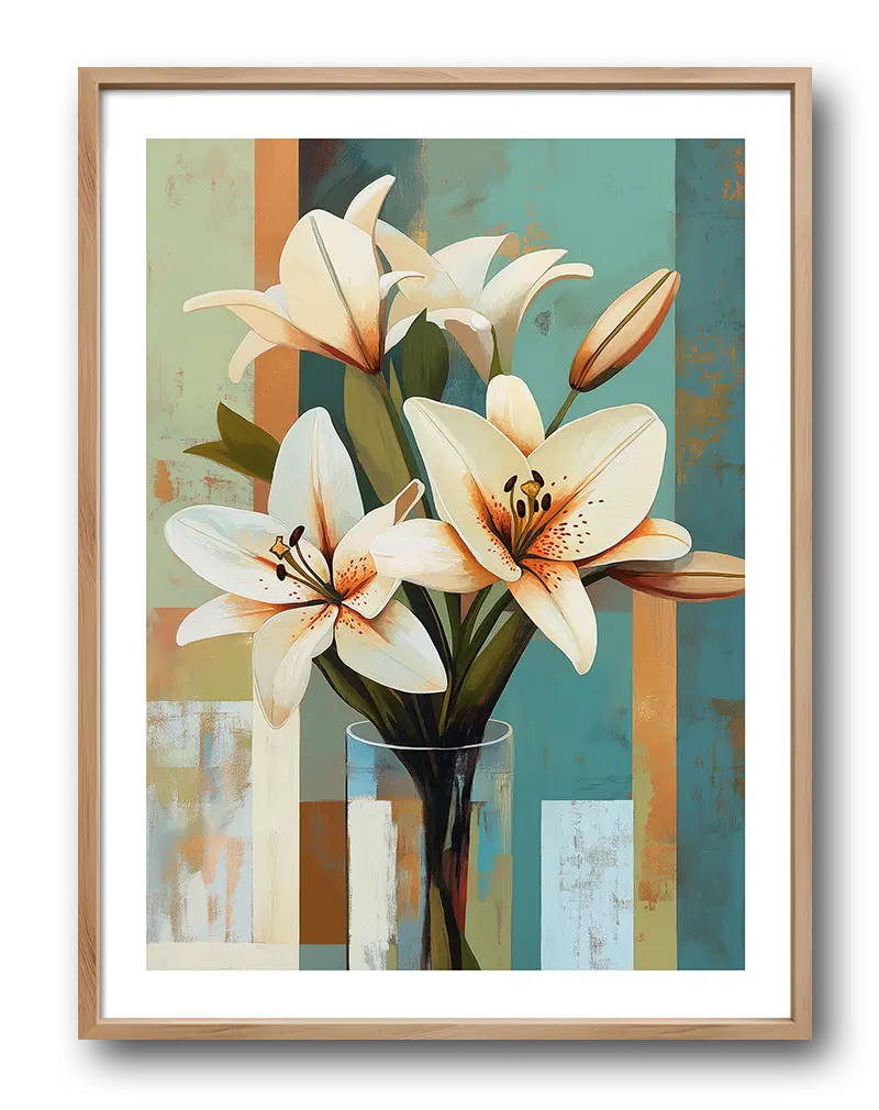 Illustration of a bouquet of white lilies in a glass vase with a textured background of teal and earthy tones