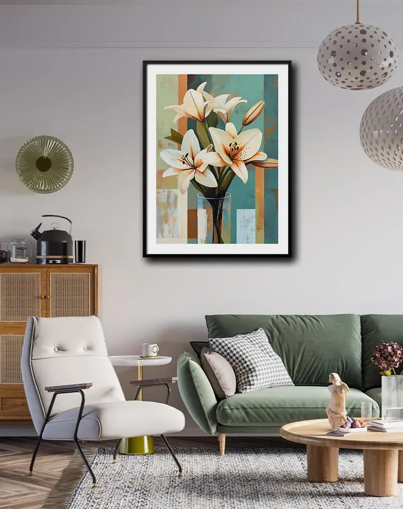 Illustration of a bouquet of white lilies in a glass vase with a textured background of teal and earthy tones