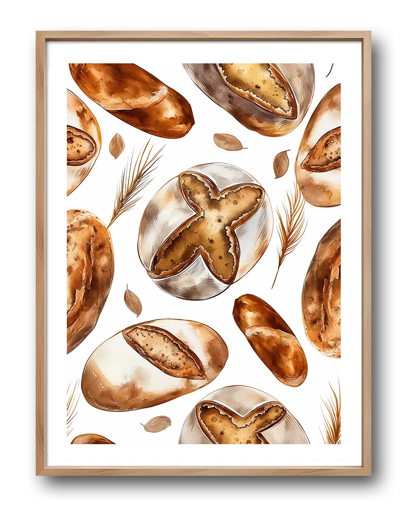 Illustration of various types of artisan bread loaves with wheat stalks and leaves scattered in the background, perfect for kitchen wall art or a decorative poster