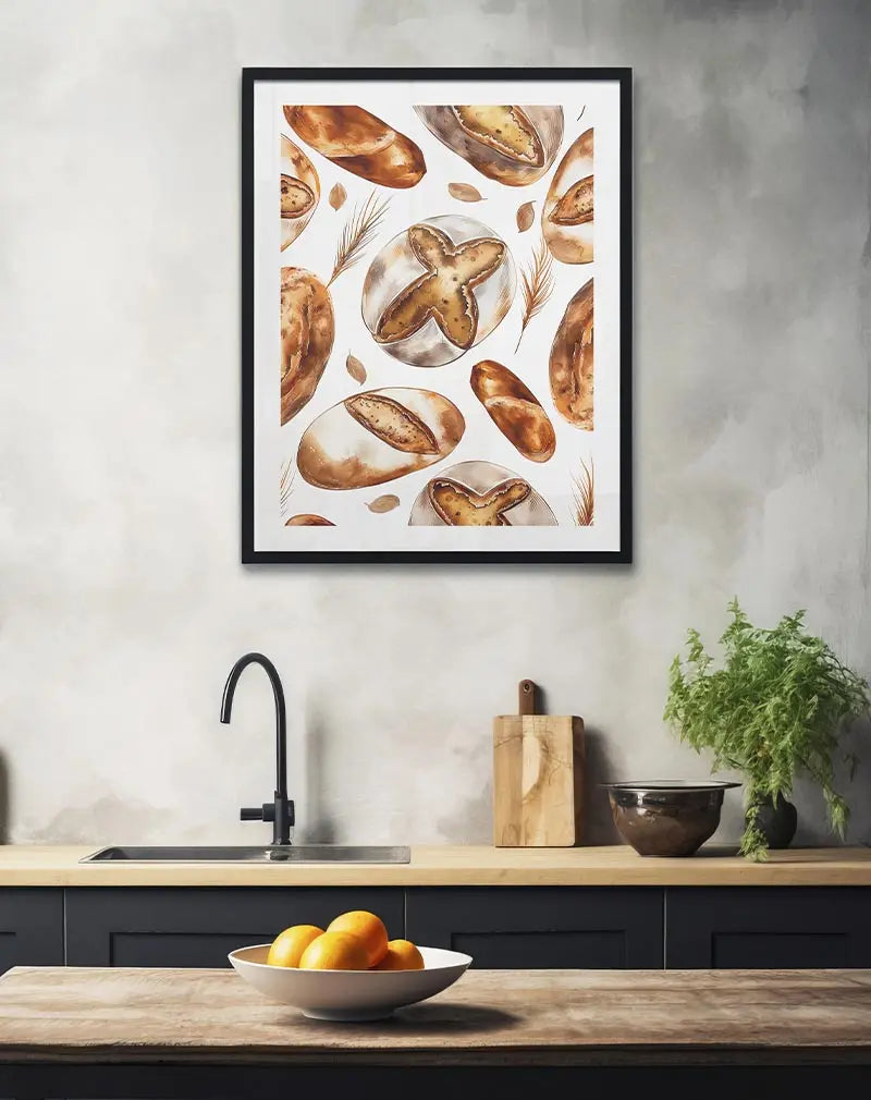 Illustration of various types of artisan bread loaves with wheat stalks and leaves scattered in the background, perfect for kitchen wall art or a decorative poster