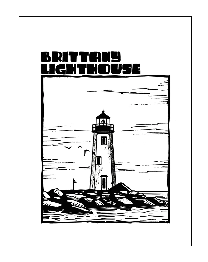 Black and white illustration of a lighthouse on the rocky shore of Brittany, France, with seagulls flying in the sky. Ideal for nautical-themed wall art or a decorative poster