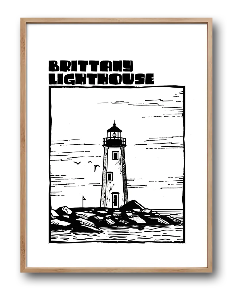 Black and white illustration of a lighthouse on the rocky shore of Brittany, France, with seagulls flying in the sky. Ideal for nautical-themed wall art or a decorative poster