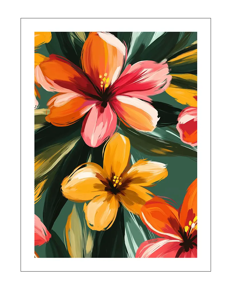 A vibrant illustration of blooming flowers in shades of orange, red, and yellow, set against a dark green background.