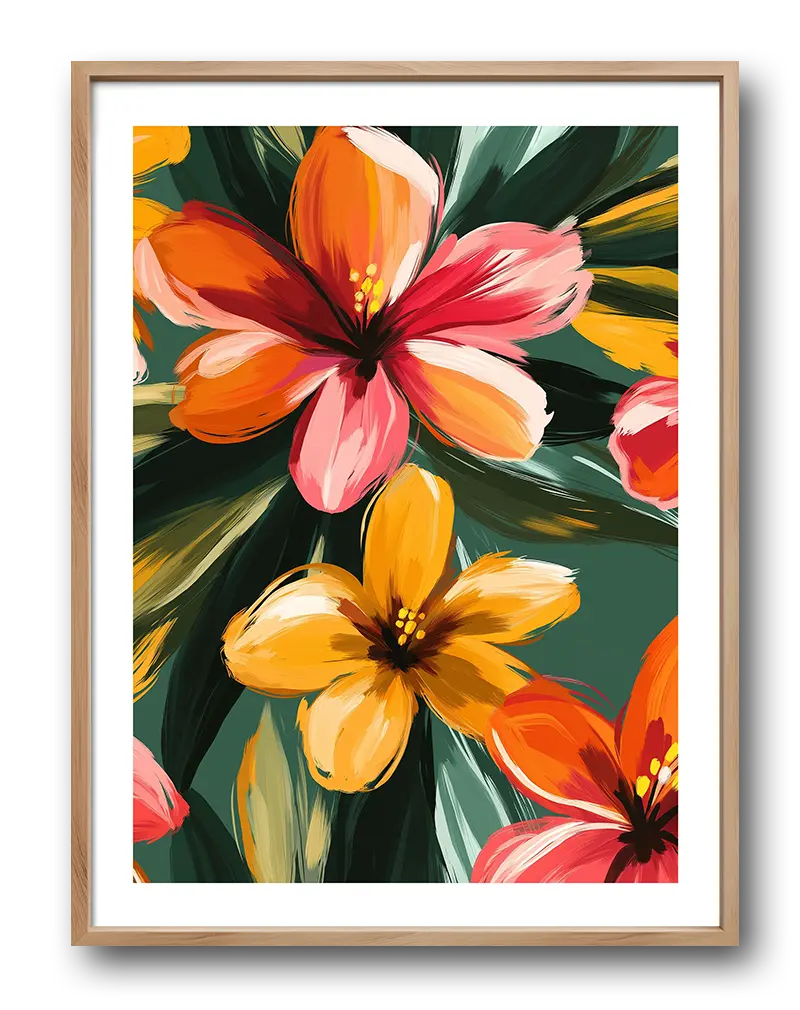 A vibrant illustration of blooming flowers in shades of orange, red, and yellow, set against a dark green background.