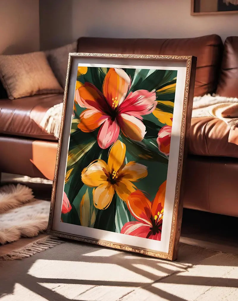 A vibrant illustration of blooming flowers in shades of orange, red, and yellow, set against a dark green background.