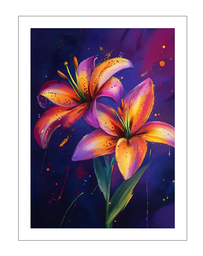 A vibrant illustration of two colorful lilies in shades of orange and purple, set against a deep blue background with artistic splashes.