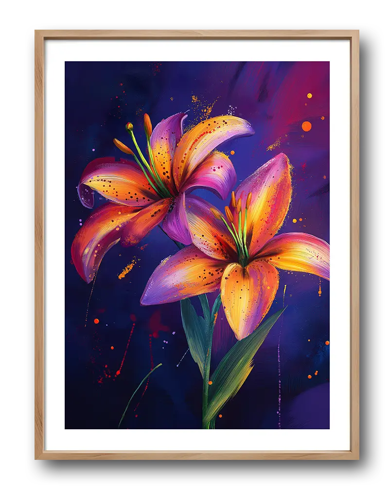 A vibrant illustration of two colorful lilies in shades of orange and purple, set against a deep blue background with artistic splashes.