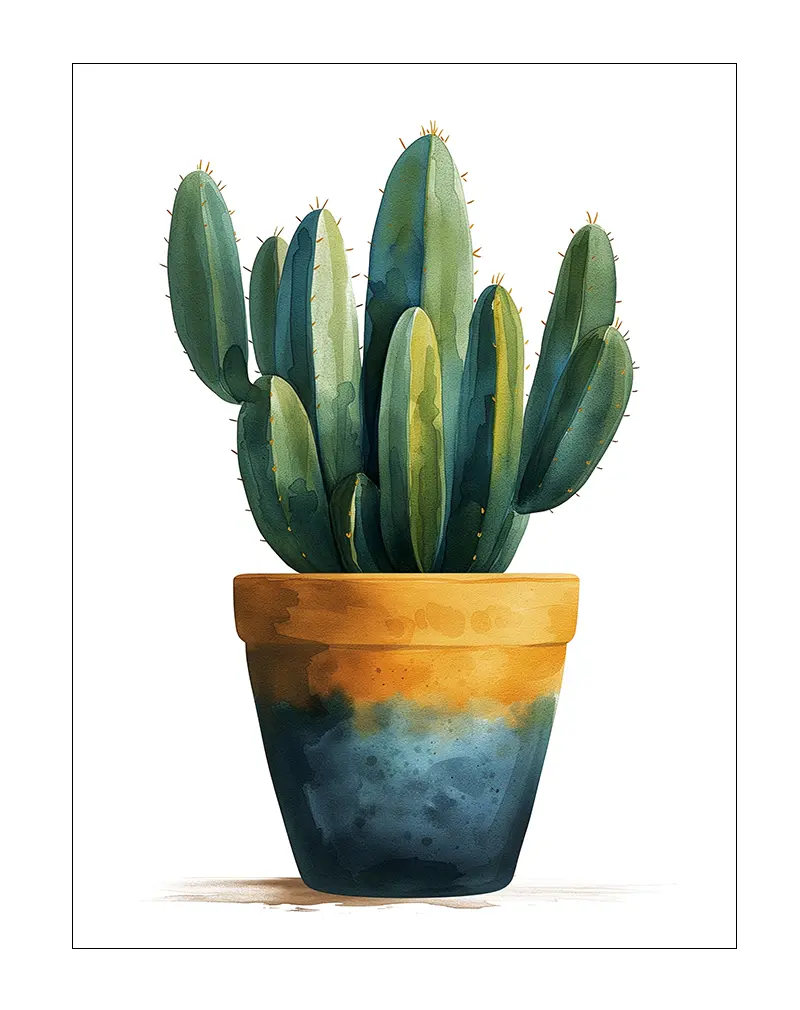 Watercolor illustration of a green cactus in a decorative pot. This botanical wall art poster brings a vibrant touch of nature to any space, perfect as a plant-themed illustration for home decor