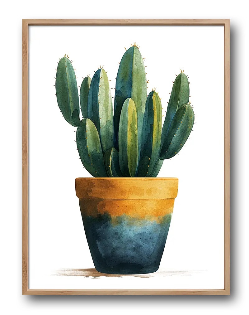 Watercolor illustration of a green cactus in a decorative pot. This botanical wall art poster brings a vibrant touch of nature to any space, perfect as a plant-themed illustration for home decor