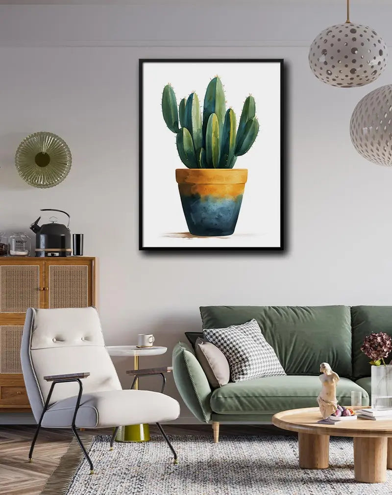 Watercolor illustration of a green cactus in a decorative pot. This botanical wall art poster brings a vibrant touch of nature to any space, perfect as a plant-themed illustration for home decor