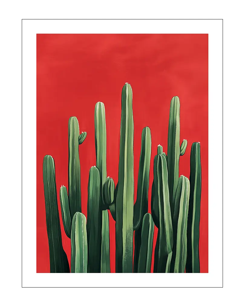 A vibrant illustration of tall green cacti against a bold red background. Perfect wall art for adding a pop of color and desert charm to your decor