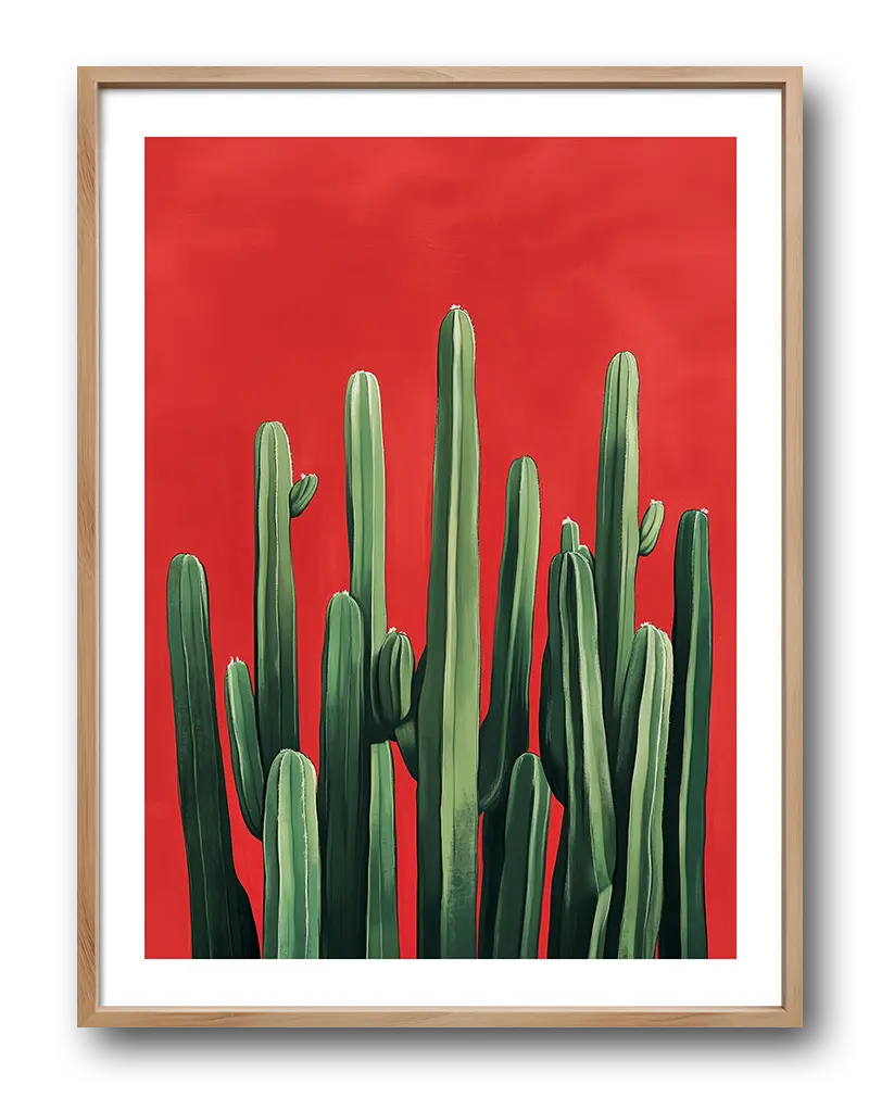 A vibrant illustration of tall green cacti against a bold red background. Perfect wall art for adding a pop of color and desert charm to your decor