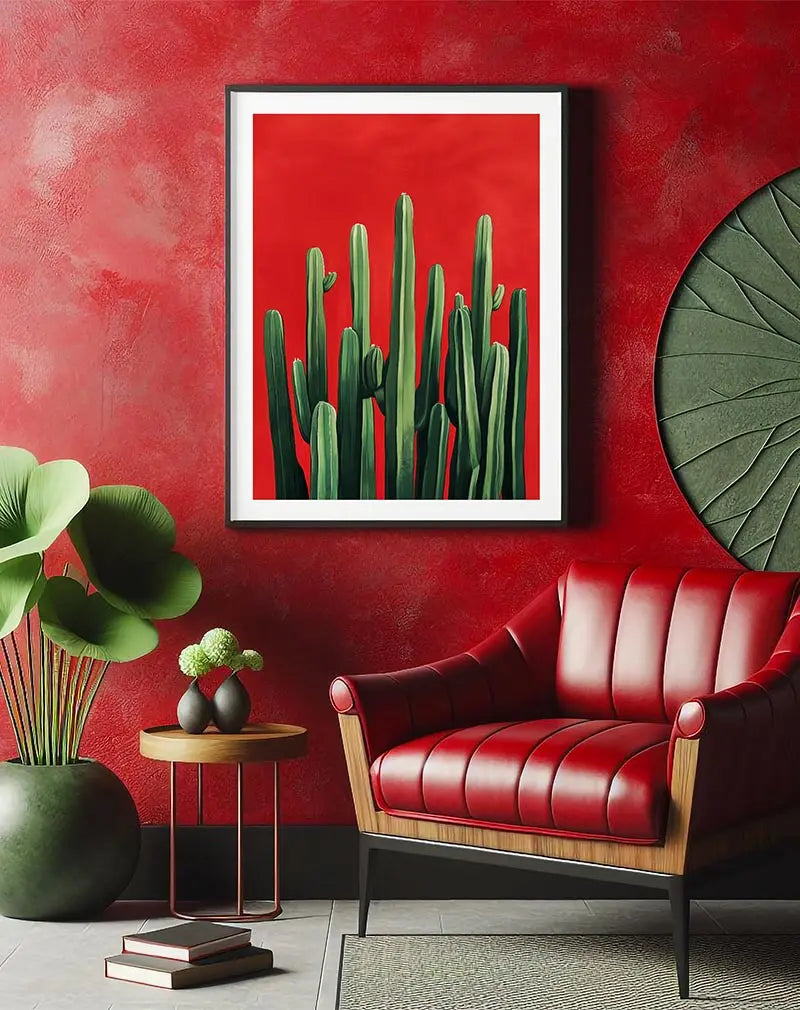 A vibrant illustration of tall green cacti against a bold red background. Perfect wall art for adding a pop of color and desert charm to your decor