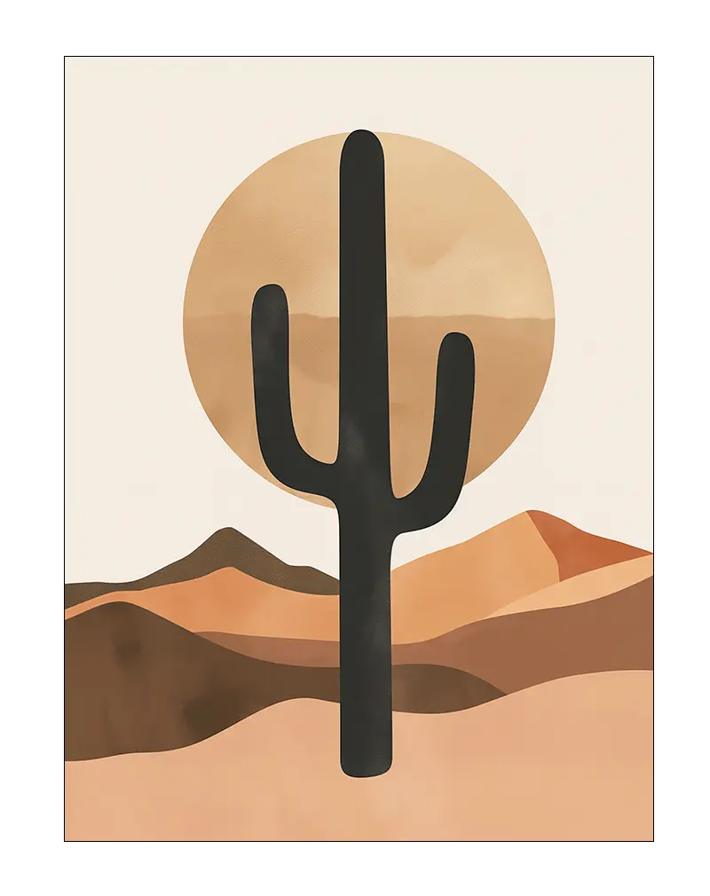 Minimalist illustration of a cactus in a desert landscape with a setting sun in the background. A perfect desert-themed wall art poster or nature-inspired illustration for home decor