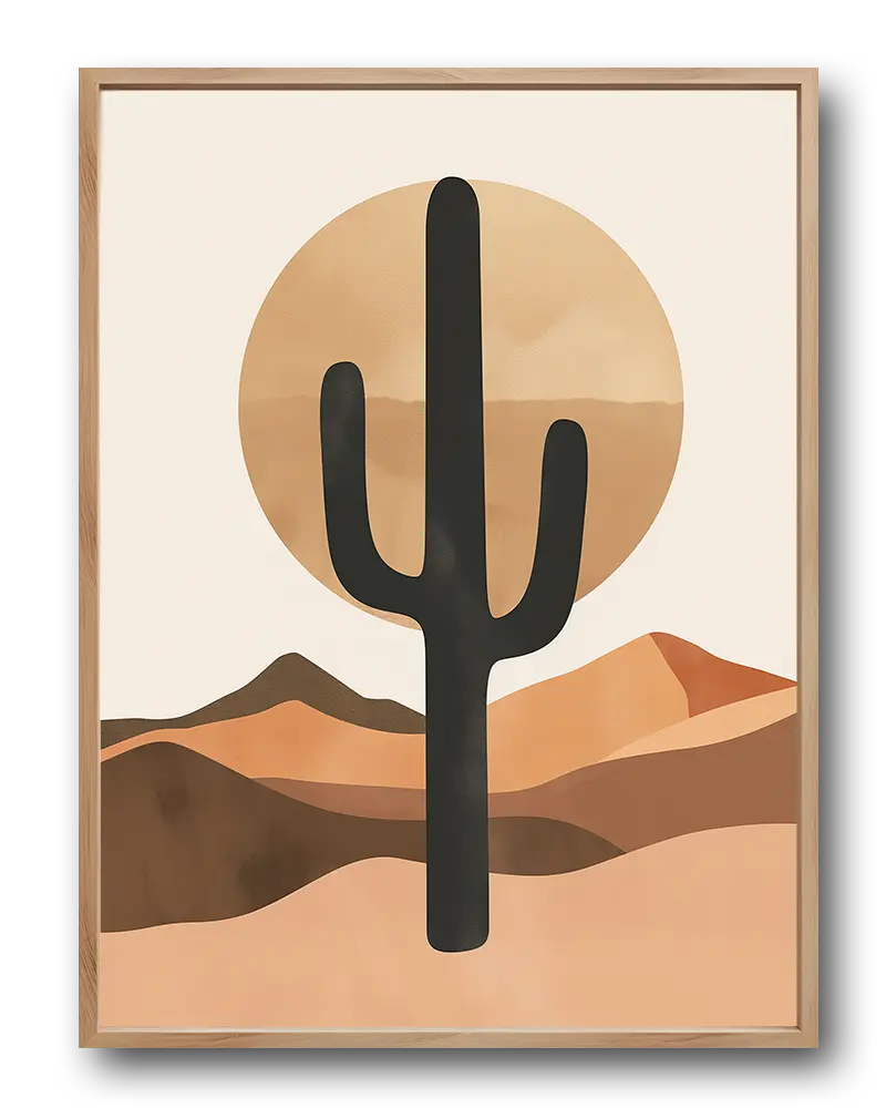 Minimalist illustration of a cactus in a desert landscape with a setting sun in the background. A perfect desert-themed wall art poster or nature-inspired illustration for home decor