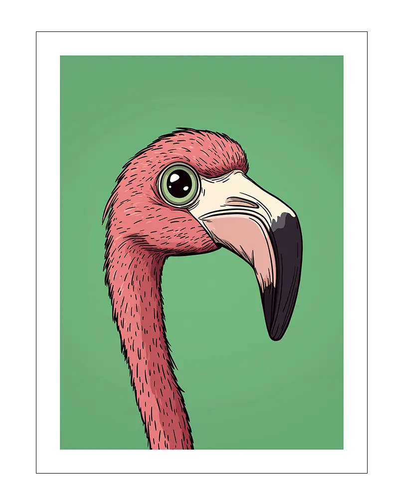 Illustration of a pink flamingo against a green background. A unique and striking poster for wall decor.