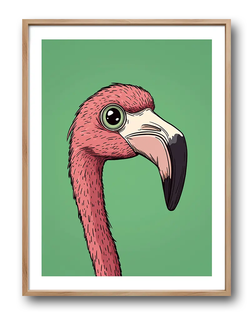 Illustration of a pink flamingo against a green background. A unique and striking poster for wall decor.