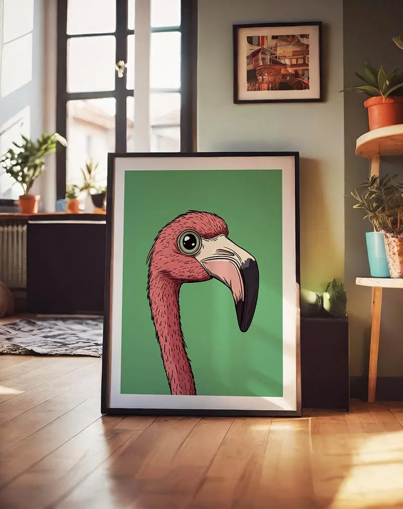 Illustration of a pink flamingo against a green background. A unique and striking poster for wall decor.