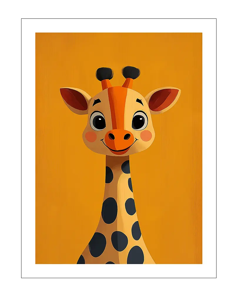 Playful giraffe illustration with a bright orange background. Perfect wall art for a cheerful and fun kids' room.