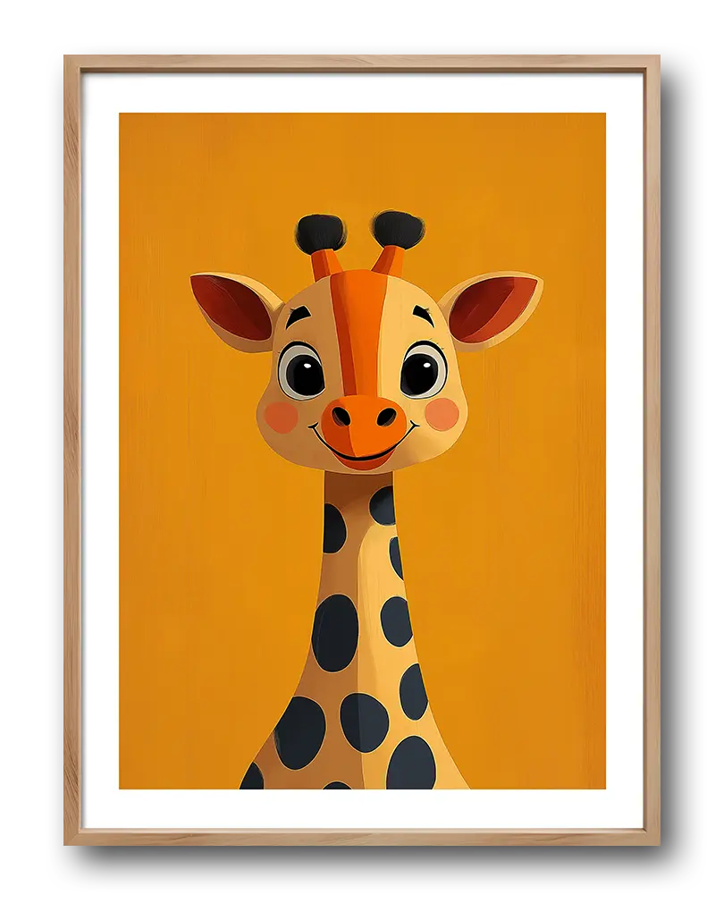 Playful giraffe illustration with a bright orange background. Perfect wall art for a cheerful and fun kids' room.