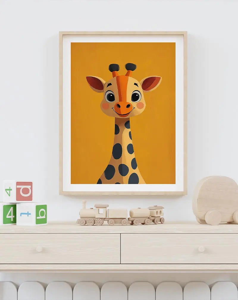 Playful giraffe illustration with a bright orange background. Perfect wall art for a cheerful and fun kids' room.