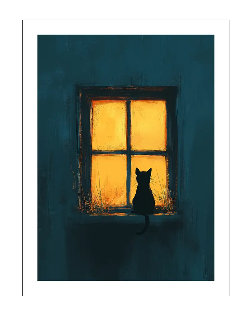 A silhouette of a cat gazing out of a warmly lit window on a quiet night. Perfect wall art for creating a cozy and peaceful ambiance