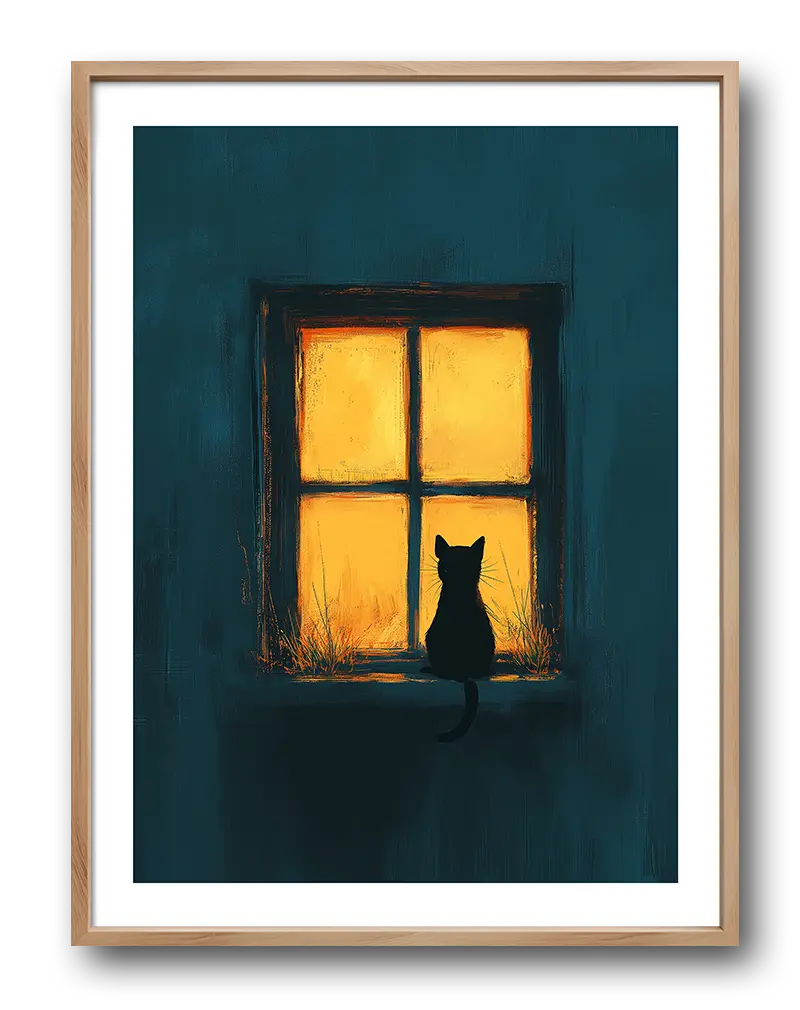 A silhouette of a cat gazing out of a warmly lit window on a quiet night. Perfect wall art for creating a cozy and peaceful ambiance