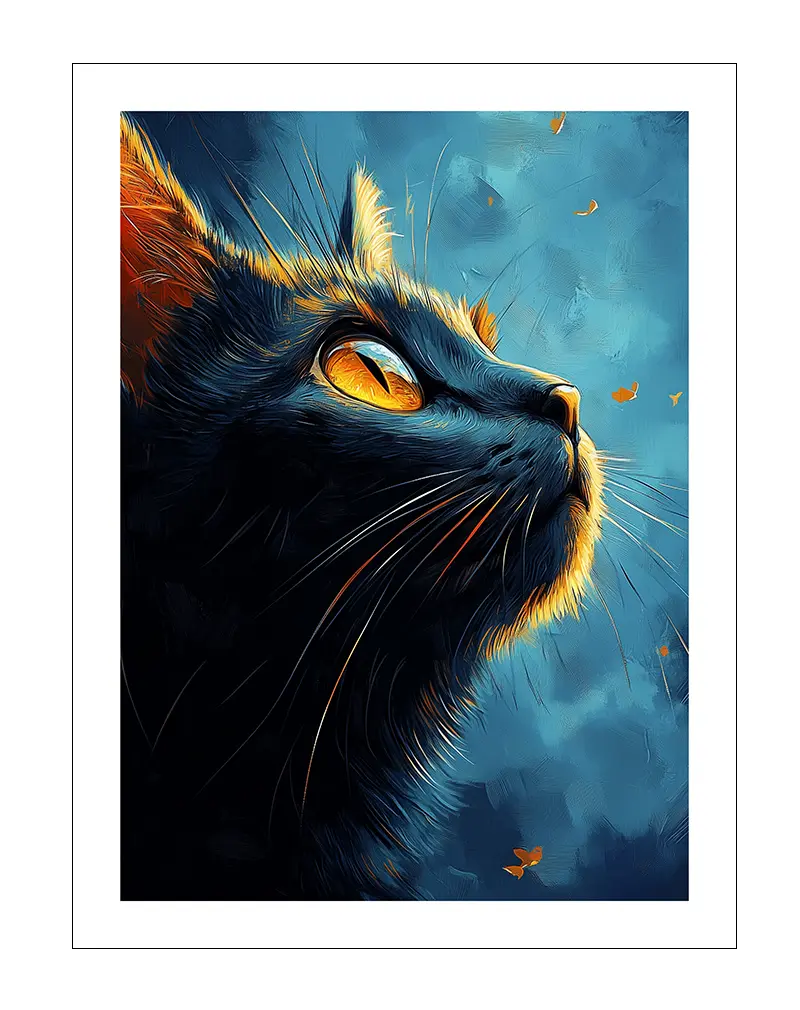 A detailed illustration of a black cat staring into the distance with glowing yellow eyes, surrounded by delicate butterflies. Perfect wall art for cat lovers and adding a mystical touch to your home decor