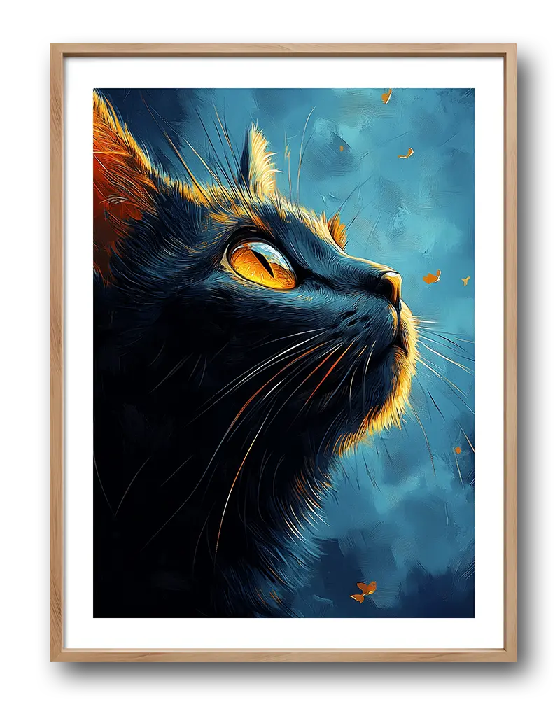 A detailed illustration of a black cat staring into the distance with glowing yellow eyes, surrounded by delicate butterflies. Perfect wall art for cat lovers and adding a mystical touch to your home decor