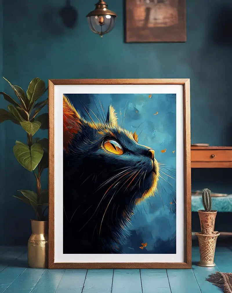 A detailed illustration of a black cat staring into the distance with glowing yellow eyes, surrounded by delicate butterflies. Perfect wall art for cat lovers and adding a mystical touch to your home decor