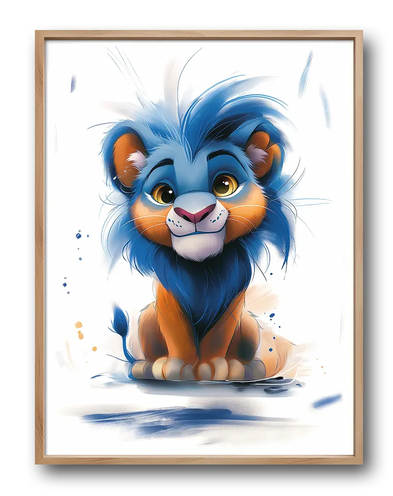 Adorable illustration of a lion cub with vibrant blue mane and soft orange fur. This playful cartoon poster is perfect for children's rooms or as whimsical wall art, adding a touch of joy and color to any space